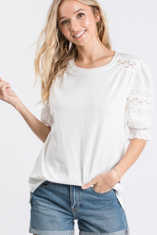 Lace Trim Balloon Sleeve Top