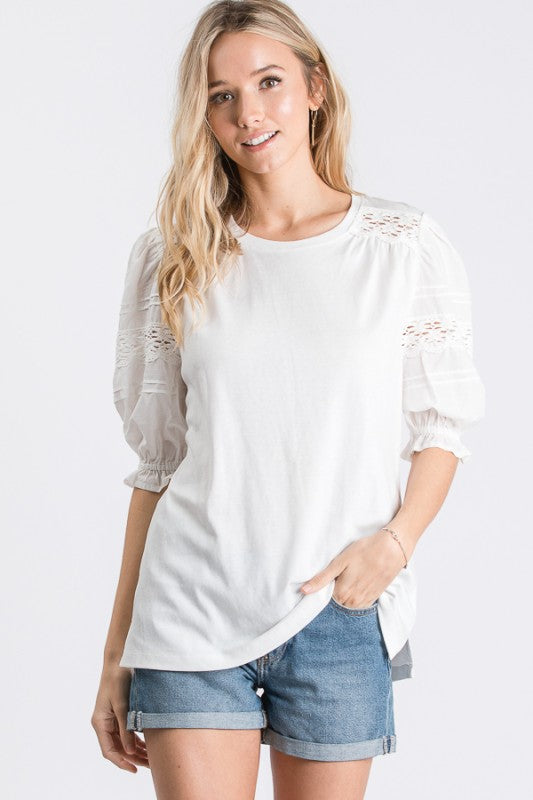 Lace Trim Balloon Sleeve Top