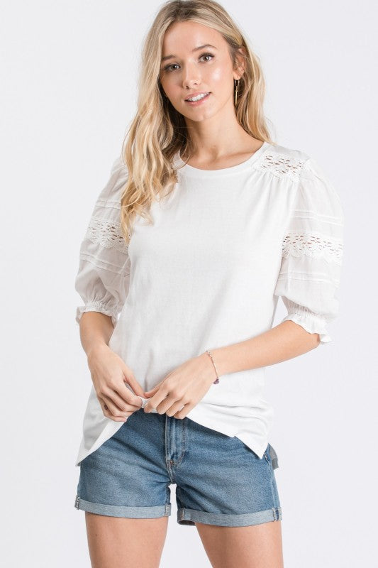 Lace Trim Balloon Sleeve Top