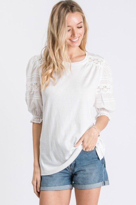 Lace Trim Balloon Sleeve Top