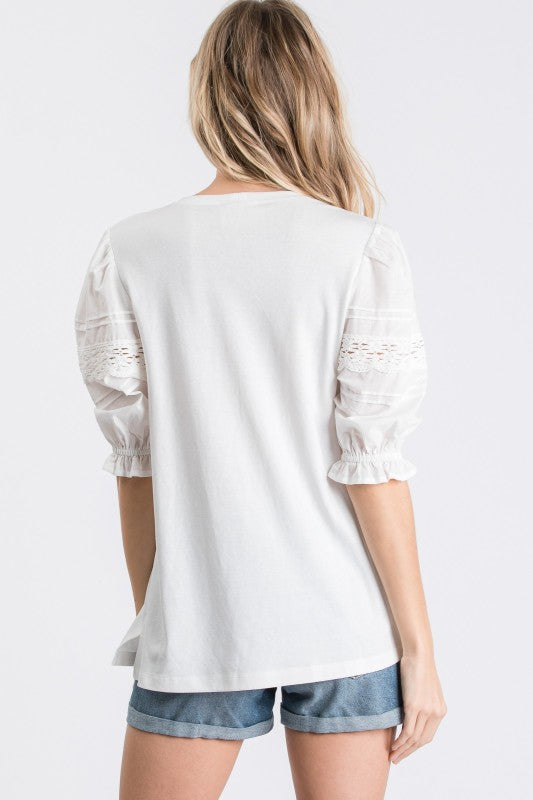 Lace Trim Balloon Sleeve Top