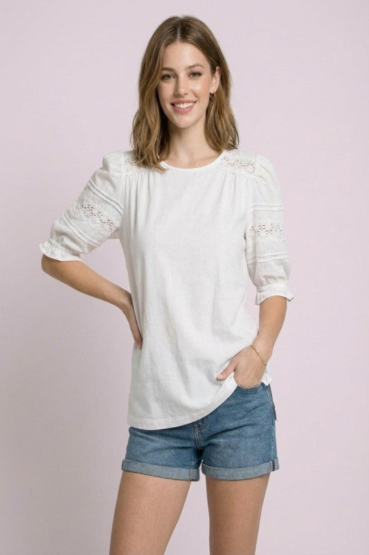 Lace Trim Balloon Sleeve Top