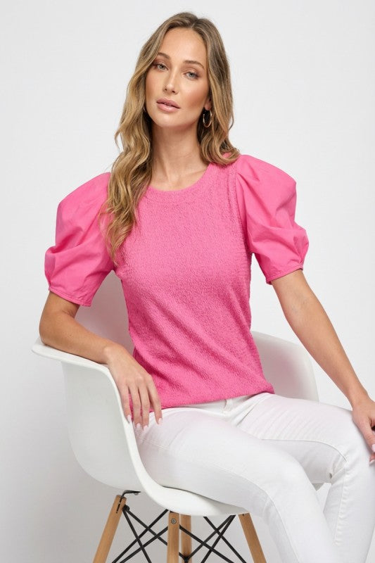 Textured knit and poplin woven sleeve mixed top