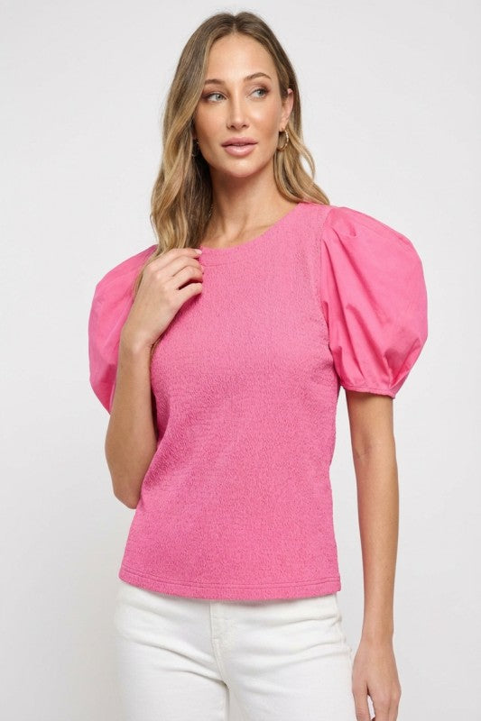 Textured knit and poplin woven sleeve mixed top
