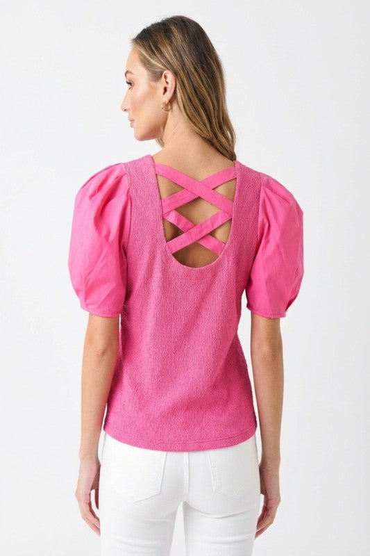 Textured knit and poplin woven sleeve mixed top