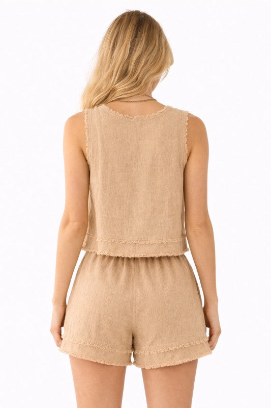 Textured Cotton Fringe Hem Shorts with Tie belt Matching set