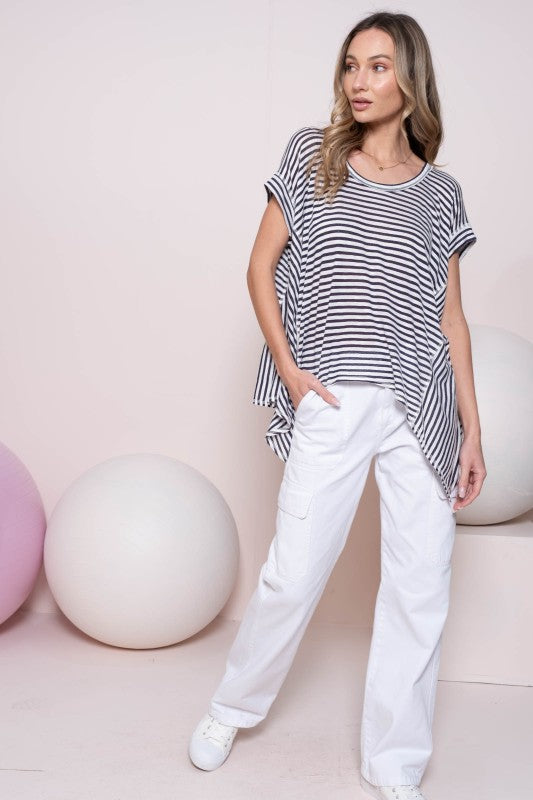 HANKERCHIEF HEM LINED OVERSIZED STRIPE TOP