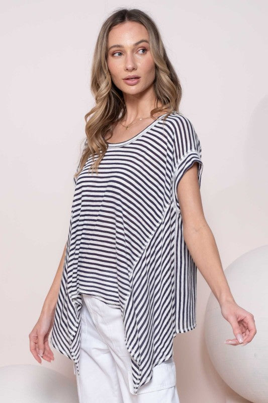 HANKERCHIEF HEM LINED OVERSIZED STRIPE TOP