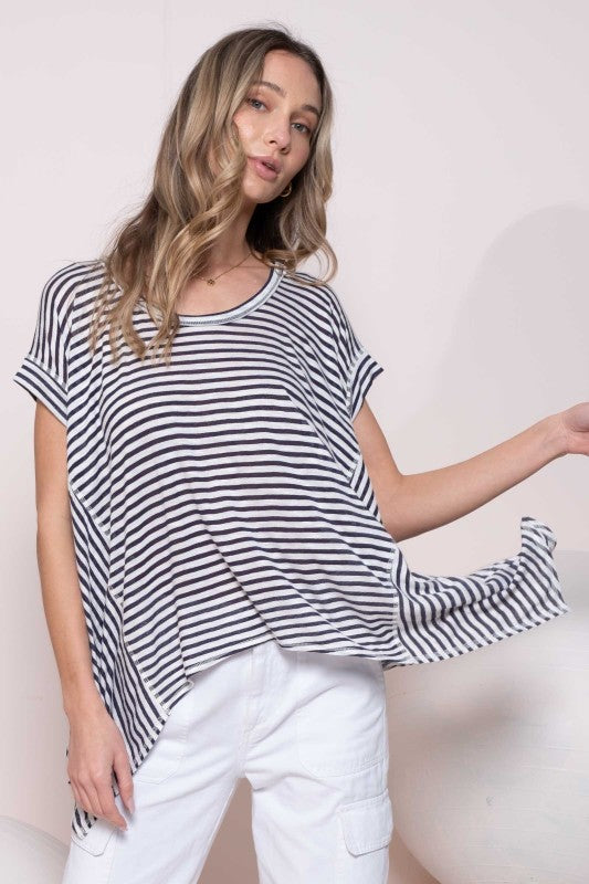 HANKERCHIEF HEM LINED OVERSIZED STRIPE TOP