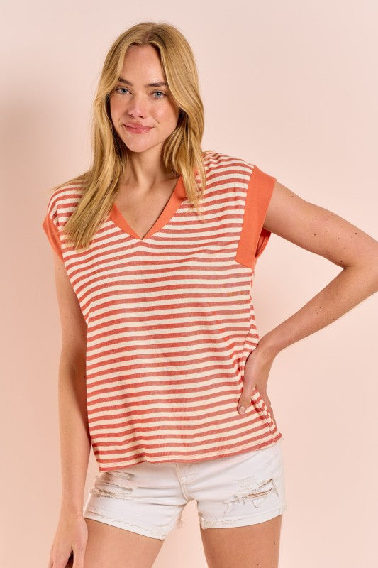 Stripe V Neck Cap Sleeve Top