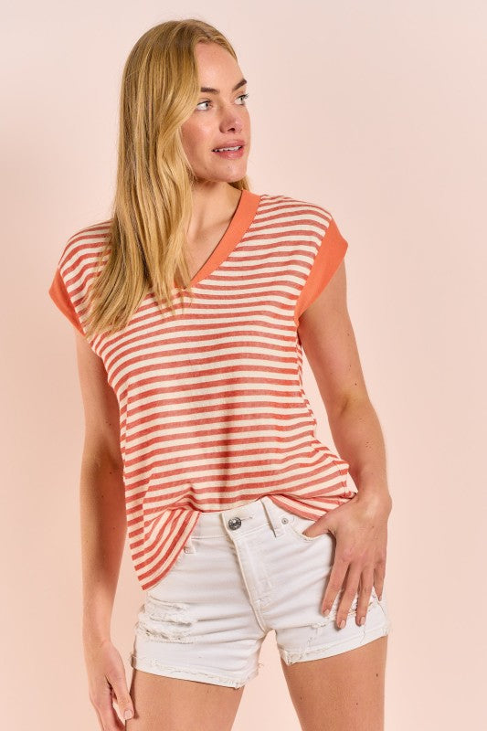 Stripe V Neck Cap Sleeve Top