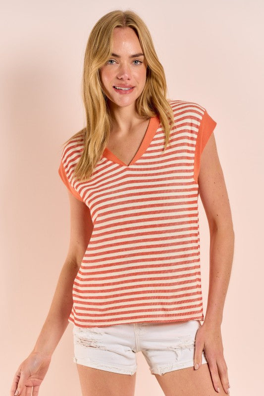 Stripe V Neck Cap Sleeve Top