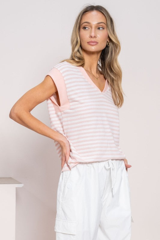 Stripe V Neck Cap Sleeve Top