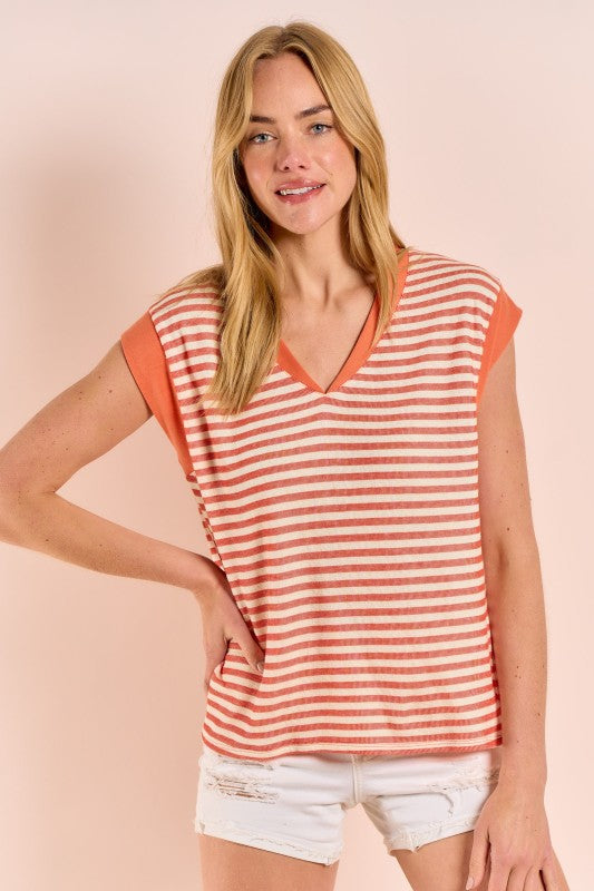 Stripe V Neck Cap Sleeve Top