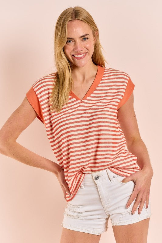 Stripe V Neck Cap Sleeve Top