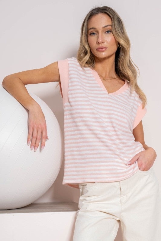 Stripe V Neck Cap Sleeve Top