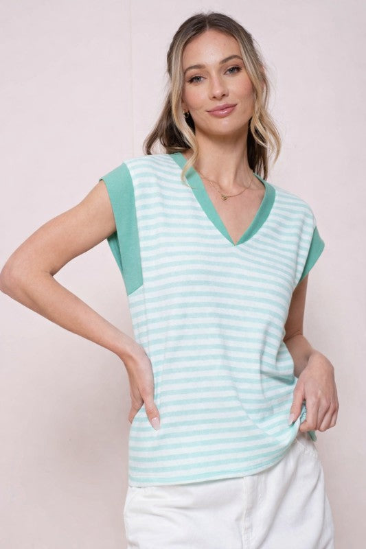 Stripe V Neck Cap Sleeve Top